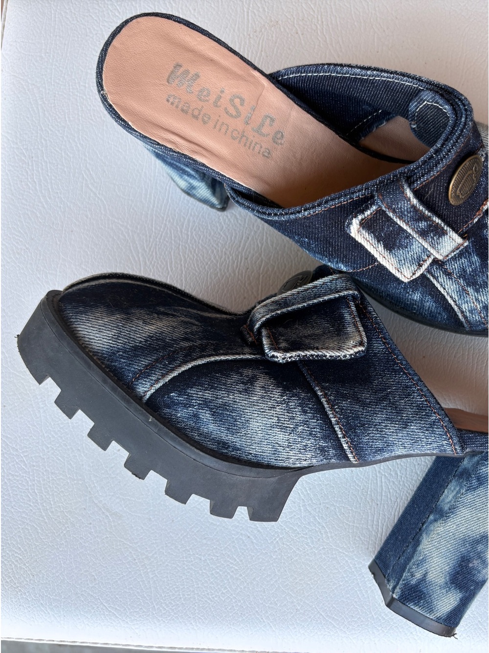 Denim Chunky Heel Mules - Blue Wash